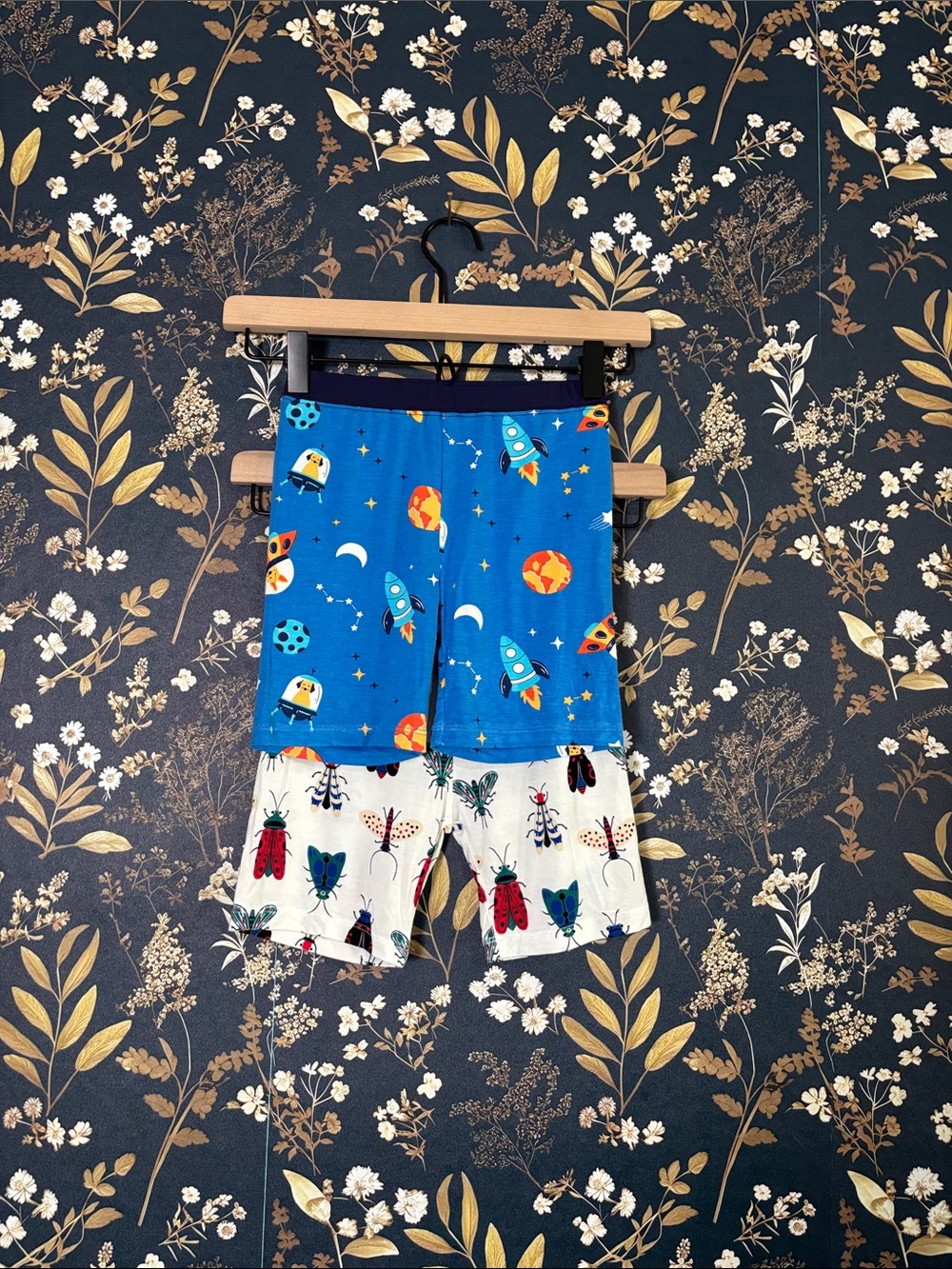 PatPat Bamboo Boys Pajama Shorts Blue Rocket & White Bug Kids Shorts Lot of 2